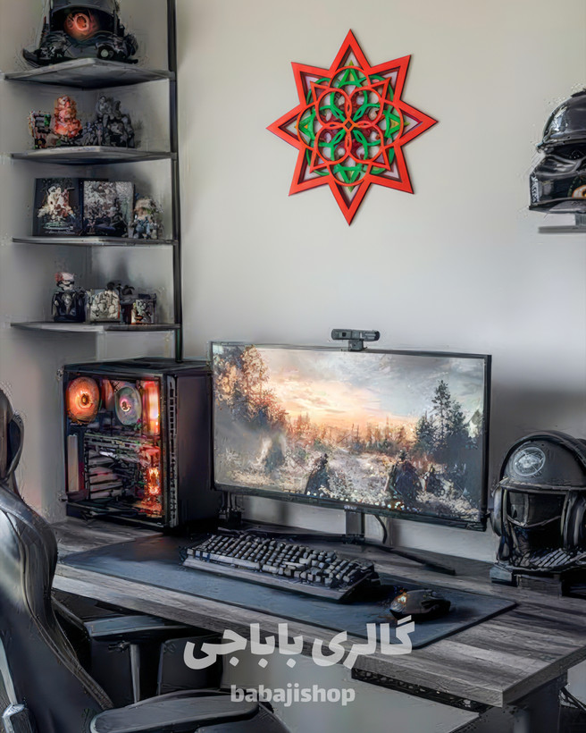 تابلو دیواری چندلایه با طراحی هندسی و رنگهای زنده، مناسب برای دکوراسیون داخلی مدرن و فضاهای معنوی. ساختهشده با متریال با کیفیت و برش دقیق.